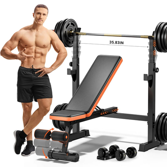 Fostoy 770lbs Weight Bench Bench Press Rack with Squat Rack Adjustable Workout Bench for Home Gym Olympic Weight Benches with Removable Foot Catch Full Body Incline Bench for Weight Lifting